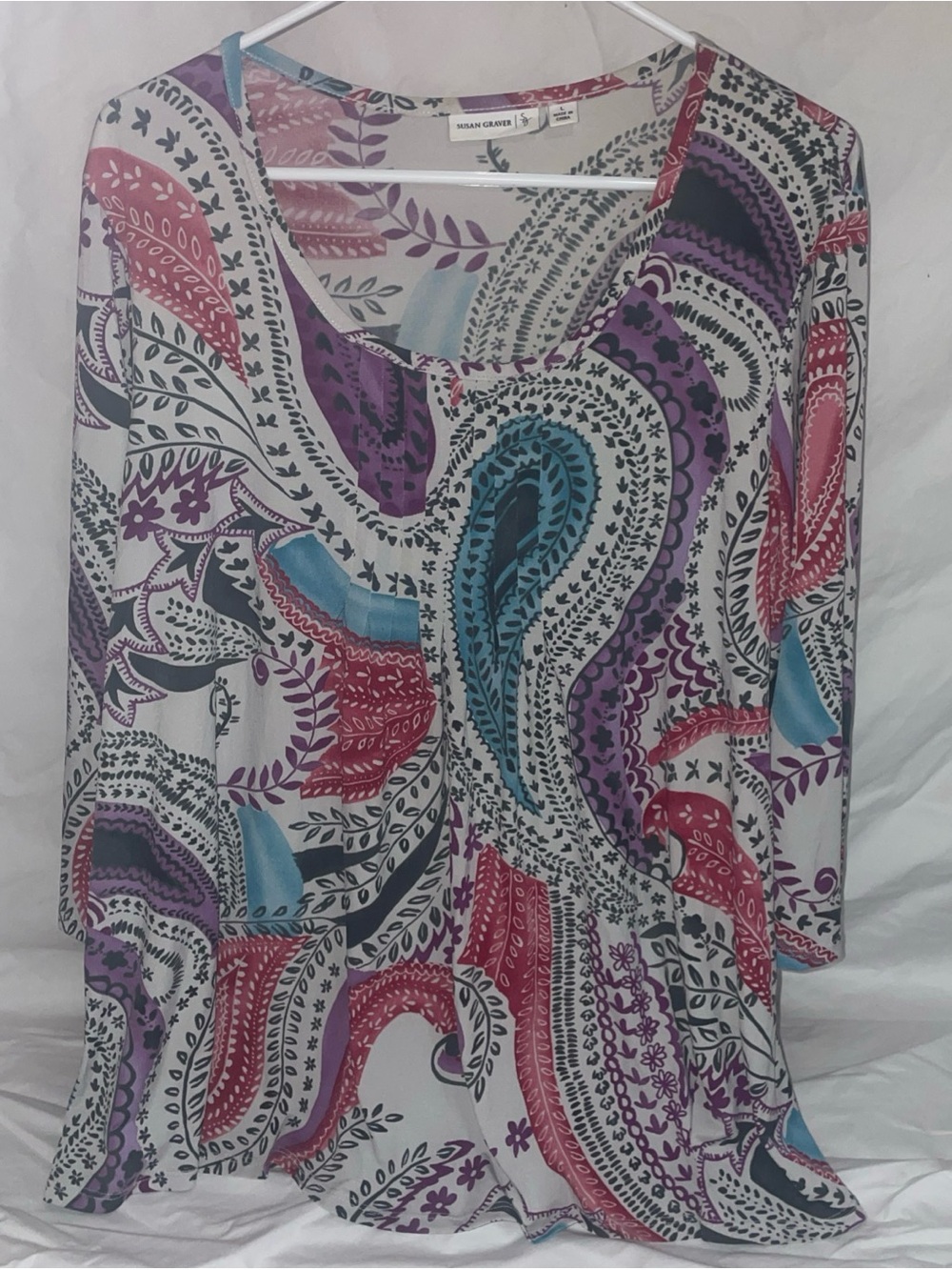 Susan Graver Floral Paisley Scoop Neck Top in Pink, Purple, Black